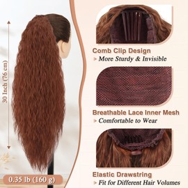 BARSDAR 30 Inch Auburn Long Curly Drawstring Ponytail Extension – Synthetic Comb Clip in Pony Tails Hairpieces for Women, Voluminous Natural Looking Long Curly Auburn Ponytail Hair Extensions