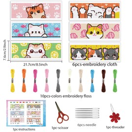 INFUNLY 6 Pieces Cartoon Cat DIY Cross Stitch Bookmark Set for Beginners Cute Kitten Stamped Embroidery Set with Instructions Cat Printed Bookmark Set for Cat Lovers Book Reader Writer