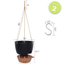 SwinDuck 10 Inch Self Watering Hanging Pots, 2 Pack Hanging Planters with 40oZ Deep Reservior for Indoor Outdoor Plants Flowers, Black with Brown