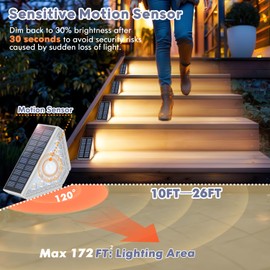 Kondras Motion Sensor Solar Stair Lights Outdoor, 8-Pack Super Bright LED Solar Powered Step Lights for Outside, 550LM IP67 Waterproof Outdoor Sensor Lights for Stair Porch Yard Deck, Warm White