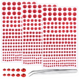 Self Adhesive Face Gems and Pearls for Makeup, Festival Jewels, Hair Gems Pearls, 3/4/5/6/8 mm Round Rhinestone Stickers for Face, Eye, Makeup, Body, Crafts 591Pcs (15_red)
