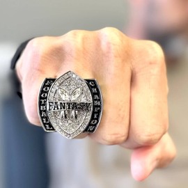 FANTASYJOCKS Fantasy Football Championship Ring Double Down FFL Champion Trophy Award Prize Silver Black Glass Stones Sports Size 13