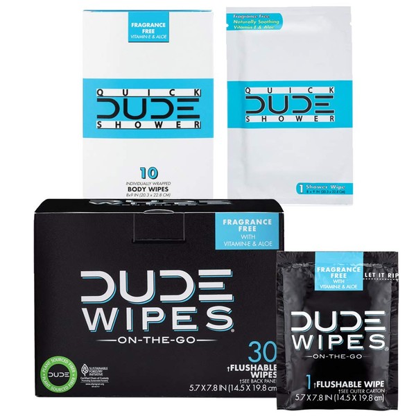 DUDE Wipes Flushable (30pk) & DUDE Shower Body Wipes (10pk), Unscented with Vitamin-E & Aloe, Individually Wrapped Singles for Travel