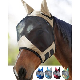 Harrison Howard Pro Luminous Horse Fly Mask Large Eye Space Standard with Ears UV Protection for Horse Light Champagne XL Extra Full Size