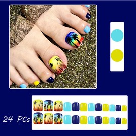 24pcs Summer Press on Toenails Short Square Butterfly Fake Toe Nails Beach Coconut Trees False Toenails Supplies Multi Color Acrylic Toenails for Women Nail Design