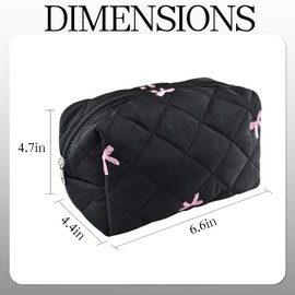 AMZMA Quilted Makeup Pouch,Cotton Puffy Makeup Bag, Coquette Cosmetic Bag for Women and Girls, Aesthetic Organizer Bag, Cute Flower Travel Toiletry Bag, Black bow