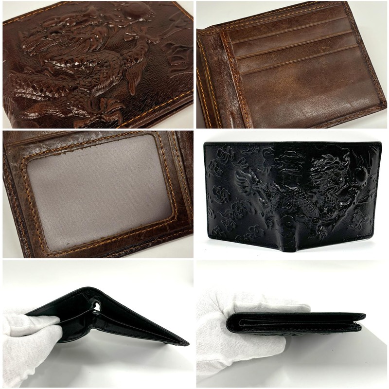 FashionBerry Men's Compact Wallet, Short Wallet, Genuine Leather, Embossed Dragon,