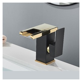 QQAMOGNNK Black LED Waterfall Basin Bathroom Faucet Deck Mounted Hot Cold Water Mixer Taps Three Color Change by Water Flow (Color : Black Gold A)