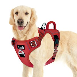 SlowTon No Pull Dog Harness, Heavy Duty No Choke Pet Harness with 2 Leash Clips and Easy Control Vertical Handle, Adjustable Soft Padded Dog Vest for Small, Medium and Large Dogs (Red, Large)