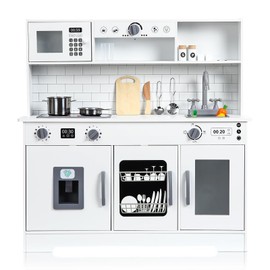 Kids Kitchen Playset with Plenty of Play Features, Cooking Toy Kitchen Set with Stove Removable Sink Microwave Storage Cabinet, Wooden Play Kitchen with 20 Pcs Toys for Toddler Boys Girls, White