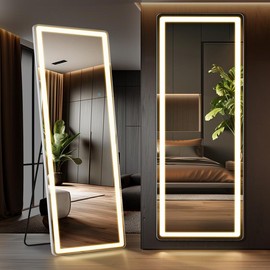 furnishflex 3 Color Lighting Mirror with LED Lights, 64"x21" Lighted Floor Standing Mirror with Stand, Wall Mounted Hanging - Color: Right angles/16'60