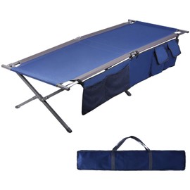 PORTAL Folding Portable Camping Cot, Guest Bed with Carry Bag and Side Storage Organizer, Camping Cots for Adults Sleeping, Away Tent Sleeping Cot Bed, Supports 300 LBS, Blue