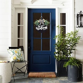 Oscenlife Welcome Sign for Front Door, Front Door Decor for Farmhouse Porch, Rustic Welcome Wreaths with Stapled Greenery, Round Wooden Hanging Sign Housewarming Gift for Home Outdoor Indoor (Black)…