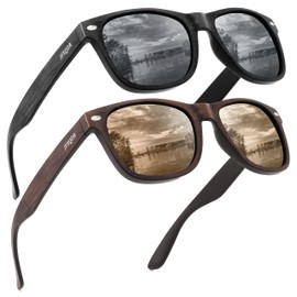 JFXQDR 2 Pack Imitation Wood Polarized Sunglasses for Men and Women, Retro Bamboo Square Sun Glasses UV400 protection RFS8203 ﻿ (Grey Frame Grey Lens + Brown Frame Brown Lens)