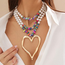 Chunky Layered Turquoise Pearls Heart Necklace for Women, Exaggerated Long Pearls Love Choker Multi Layering Statement Necklace Trendy Jewelry Gifts (Gold)