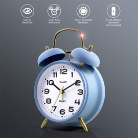 SHARP Twin Bell Alarm Clock, Loud Alarm Great for Heavy Sleepers - Stylish Matte Finish with Rustic Bronze Accents, Battery Operated (Matte Cornflower Blue)