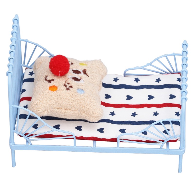 1:12 Miniature Bed Metal Structure Cute Pattern Sponge Cloth Mattress