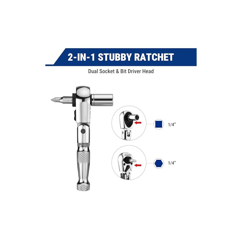 WORKPRO 1/4" Drive Stubby Ratchet, 2-In-1 Socket Wrench Flex Head