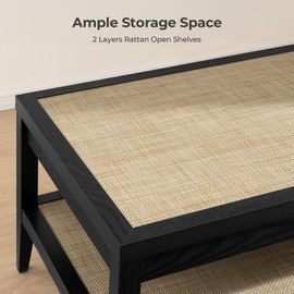 SICOTAS Rectangle Coffee Table for Living Room, Farmhouse Boho Center Table with 2-Tier Rattan Storage Shelves, Sofa Side Accent Table for Small Space, Black Oak