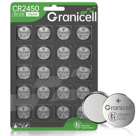 Granicell 2450 Battery Compatible with Fitness Devices CR2450 Lithium 3V Coin Battery for Child Safety, Suitable for Key Fobs, car Alarm, Watch, Candle and More 20pack (CR2450-20)