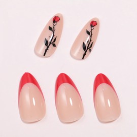 MISUD Press on Nails Almond Medium Fake Nails Glossy Glue on Nails Red French Tip Acrylic Nails Stiletto Artificial Nails Bling Gold Glitter Stick on False Nails with Design 24 pcs