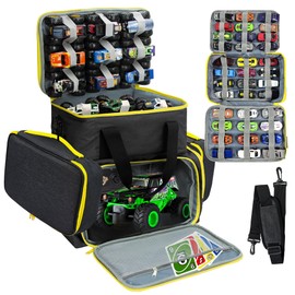 KISLANE Tote Toy Cars Storage Bag with Inner Pouches – Holds 96 Cars and 24 Monster Trucks, Toy Cars Organizer Storage for Matchbox Cars, Monster Trucks (Yellow)
