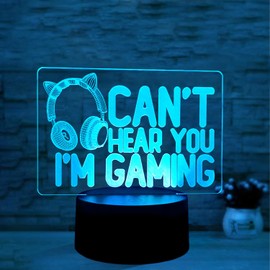 Sumokaii 3D Illusion Lamp Can't Hear You I'm Gaming, 3D Illusion Night Light, Headphones and Gamepad with 16 Color LED Bedside Lamp, Touch Switch, 3D Visual Effects Night Light