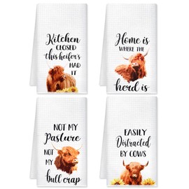 Vansolinne Highland Cow Kitchen Towels Dish Towels Soft Absorbent Dishcloth Kit Decorative Hand Tea Towel for Rustic Farmhouse Dining Room Bathroom Farm Decor Housewarming Gift Idea Set of 4