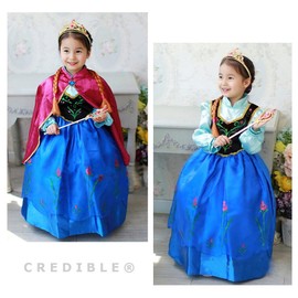 CREDIBLE NT410 Children’s Princess Dress Costume, Gorgeous 6-Piece Set, Blue x Black (Princess Dress, Cloak, Tiara, Magic Wand, Braid Wig, Original CREDIBLE Merchandise), Size: US 3 (child’s height 3 ft 4.4 inches, 100 cm).