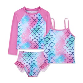 Kinberr Swimsuits for Girls 3 Pcs Rash Guard Bikini Sets Kids Mermaid Swimwear Long Sleeve Bathing Suits Size 7 8