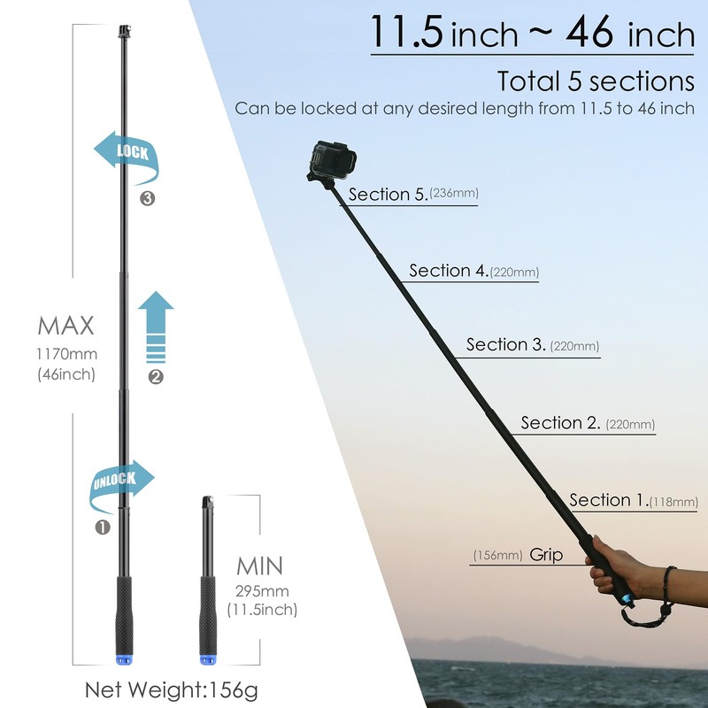 YALLSAME 46" Waterproof Selfie Stick for GoPro Insta360 DJI Action