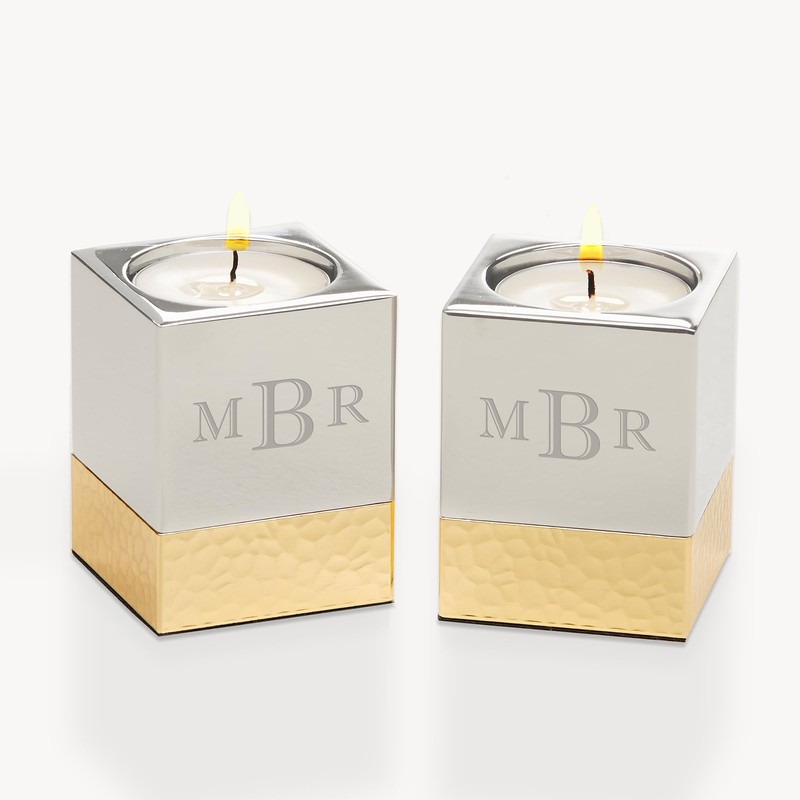 Personalization Universe Monogram Engraved Silver & Gold Hammered Metal Candle