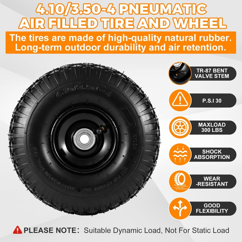 (2 Pack) 4.10/3.50-4 Tire and Wheel, 10-Inch Pneumatic Tire (Black)