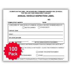 100 Pack Buck Annual Vehicle Inspection Label, 2-Ply Adhesive Vinyl with Mylar Laminate, FMCSA & DOT Compliant, Weatherproof, Tear Resistant, Easy to Write On, 5" x 4" - Made in USA