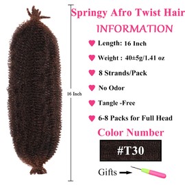 COOKOO Springy Afro Twist Hair 16 Inch 8 packs Pre-Separated Ombre Marley Twist Braiding Hair Pre-Fluffed Spring Twist Hair For Soft Locs Kinky Afro Twist Hair Synthetic Hair Extensions(16 Inch,T30#)