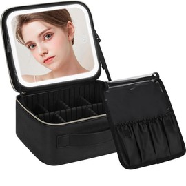 MGuoGuo Makeup  with LED Mirror WITH 3 COLOUR LED Lighted Portable Storage  with Adjustable Dividers Portable mutipul Capacity Cosmetic Storage giant hot pockets bag travel makeup organizer Compact - Color: PINK