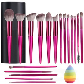 WET SKY - Makeup Brush Set 18-Pieces Premium Includes synthetic foundation, powder, concealer, eye shadow, blush, and other brushes with Free One Makeup Blender Sponge with Multocolor & Black case. (C-Dark Pink)