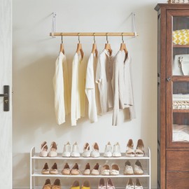 IBUYKE Wall Mounted Clothes Rack, Wood Wall Mounted Clothes Rail, Space-Saving Hanging Closet Rod, Modern Wardrobe Coat Rack for Entrance, Wall, Door, Bathroom, Bedroom, White TYJ005W