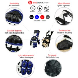 Texpeed Motorcycle Mens Leather Riding Gloves Motorbike Moped Biker Air Vented With Blue CE Knuckle Armour Protection L