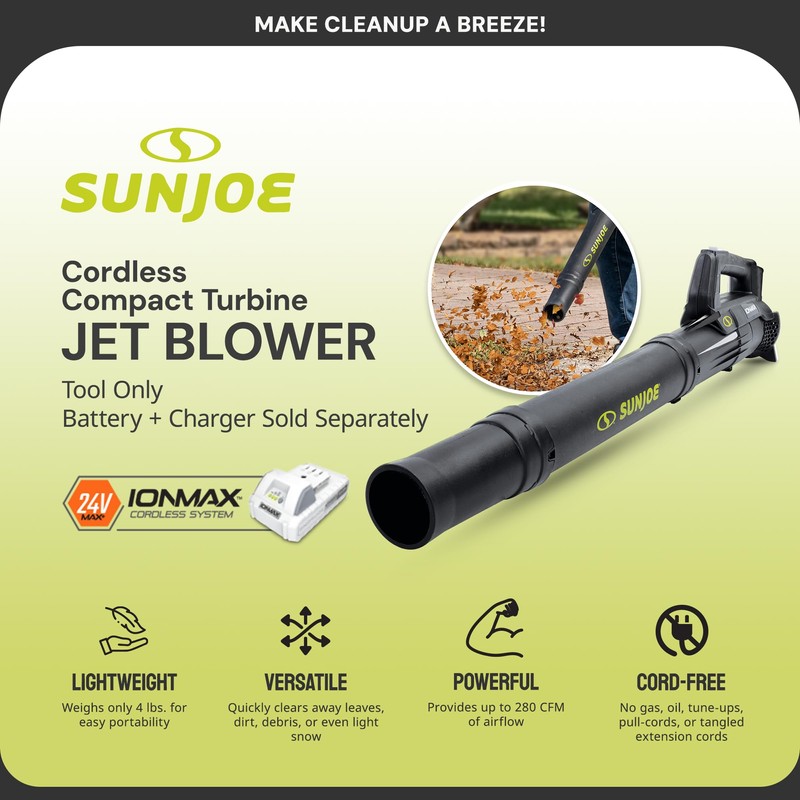 Sun Joe 24-Volt Cordless Compact Turbine Leaf Blower, 100 MPH