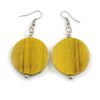 30mm Antique Yellow Painted Wood Coin Drop Earrings - 60mm