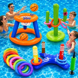 EOTOW Juego de Juguetes de Piscina, 13 Piezas de Juguetes de Agua, Anillo de Baloncesto de Piscina, Juego de Lanzamiento de Anillo Cruzado Inflable,  
