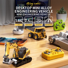 KAIMIO 1/64 Scale Mini RC Construction Vehicle Mini Forklift Crane Toy with Rear Trailer 2.4GHz Remote Control Construction Vehicle Toy with Metal Body Construction and Cool Light (2D-Green)