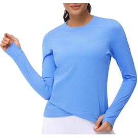 Women's Long Sleeve Compression Shirts Workout Tops Cross Hem Athletic Running Yoga T-Shirts with Thumb Hole Sea Blue
