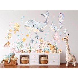 Ocean Babies Watercolor Wall Decal - Playful Sea Creatures, Reusable Peel-and-Stick Fabric Art for Girls' Room, Nursery, and Kids' Ocean-Themed Décor