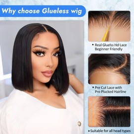 CAREKISS Bob Glueless Wigs Human Hair Pre Plucked Pre Cut 150 Density Wear and Go Glueless Wig 4x4 HD Straight Lace Closure Bob Wigs for Black Women 14inch