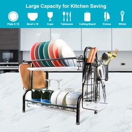 V-zone Dish Drying Rack,2 Tier 304 Stainless Steel Kitchen Dish Rack with Utensil Holder,Cutting Board Holder,Dish Drainer with Drainboard Tray for Kitchen Counter Organizer, height-16inch