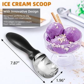Ice Cream Scoop with Comfortable Grip Handle, Heavy Duty Stainless Steel, Perfect Shape Scoops, Ice Cream Scooper (Black)