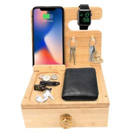 iCozzier Bamboo Phone Holder Desktop Docking Station with Drawer Key Wallet Watch Wooden Stand Bedstand & Desk Mounts Table Organizer