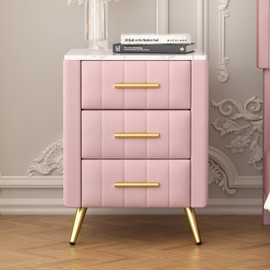 Merax Nightstand with 3 Storage Drawers, Upholstered Wood Bedside End Table with Marbling Top, Pink